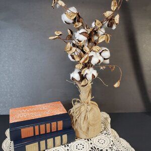 Farmhouse Natural Cotton Stems in a Burlap Vase Decor Country Floral Arrangement